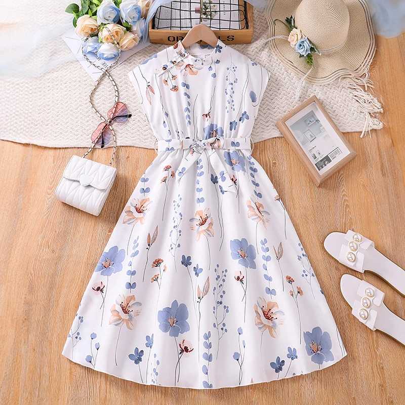 White crew collar sleeveless floral dress elegant beach holiday childrens clothing for girls aged 8-12W240720