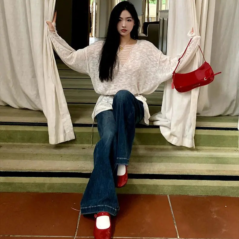 Flare Jeans Low Waist Woman High Waist Y2k Lady Elastic Slim Fit Denim Bell Bottom Pants Female Vintage Retro Blue Trousers 240807
