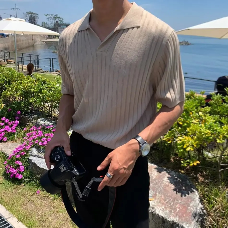 Mens fashion summer striped polo shirt with slim fit solid knit V-neck short sleeved mens clothing240807