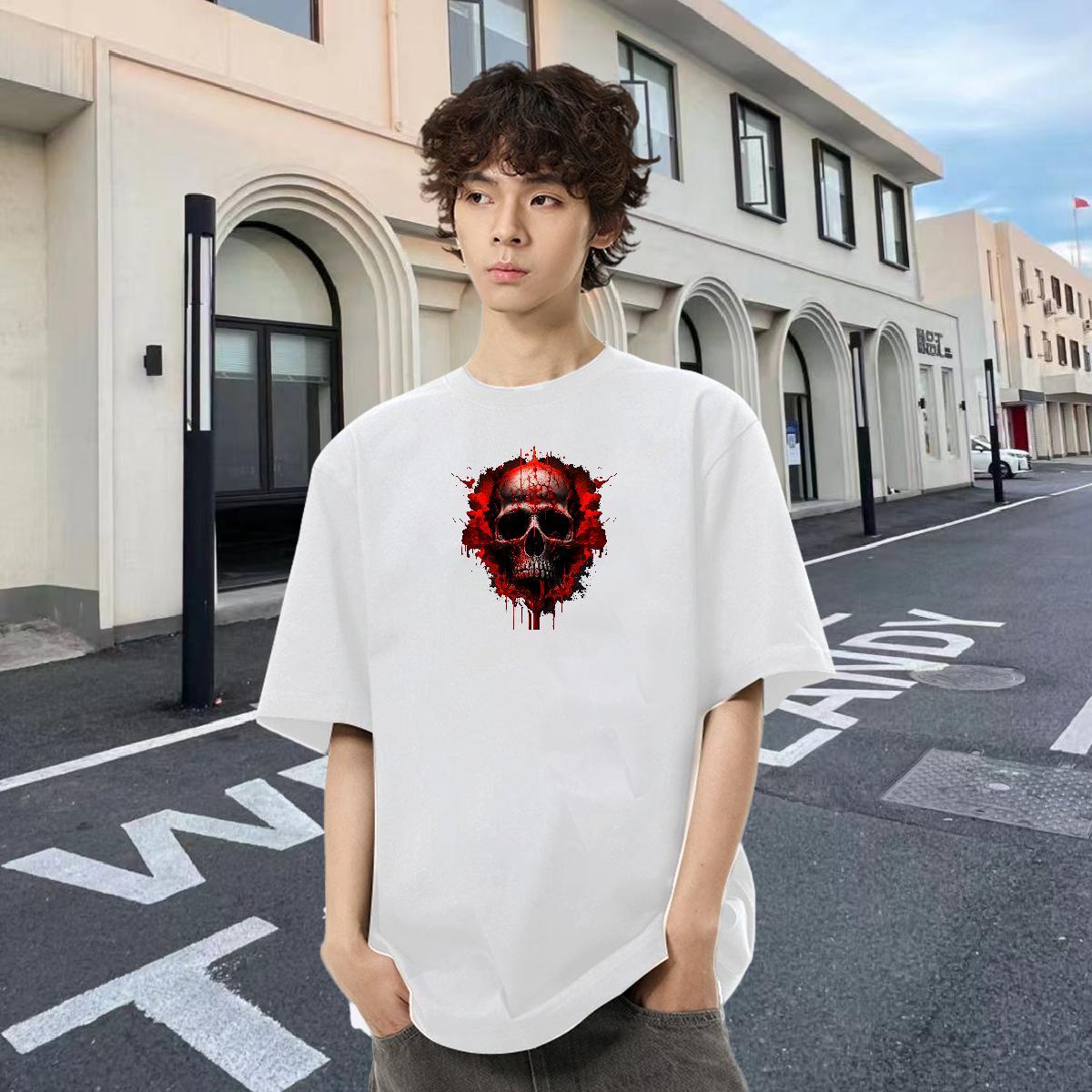 2024 New T-Shirts for Men skull Tops 230g Pure Cotton High Street Hip Hop Wholesale DIY Crew Neck Breathable Men Clothes T-Shirt