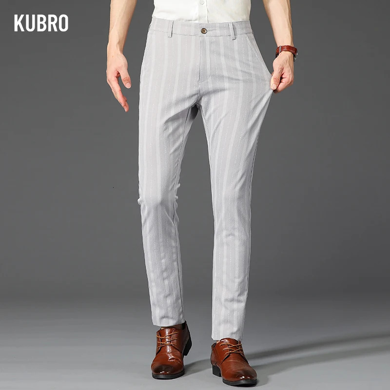 KUBRO Spring Autumn Stripe Pants Men Classic Business Elastic Waist Slim Formal Suit Casual Trousers Fashion High Quality 240806