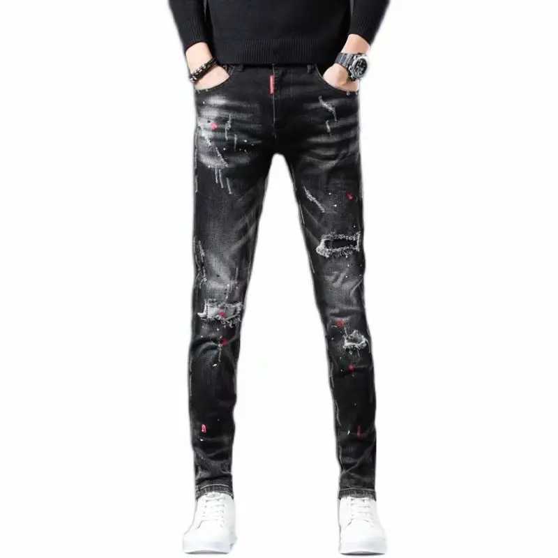 High Street Fashion Casual Ripped Jeans Mens Patch Teenagers Cowboy Paint Splash Ink Black Pencil Pants Skinny Jeans Men M250316