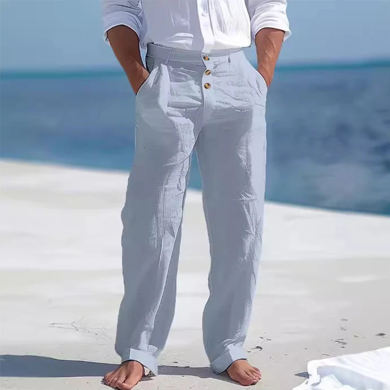 Autumn Vintage Buttonup Cotton Linen Pants Men Solid Color Loose Straight For Mens Seaside Beach Style Casual Male 240806