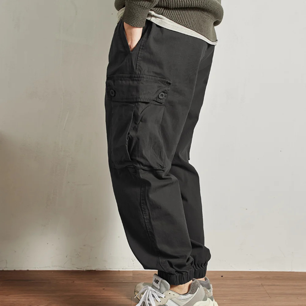 Multipocket work dress foot pants mens casual stretch garment washed to make old loose trend elastic waist Haren 240806