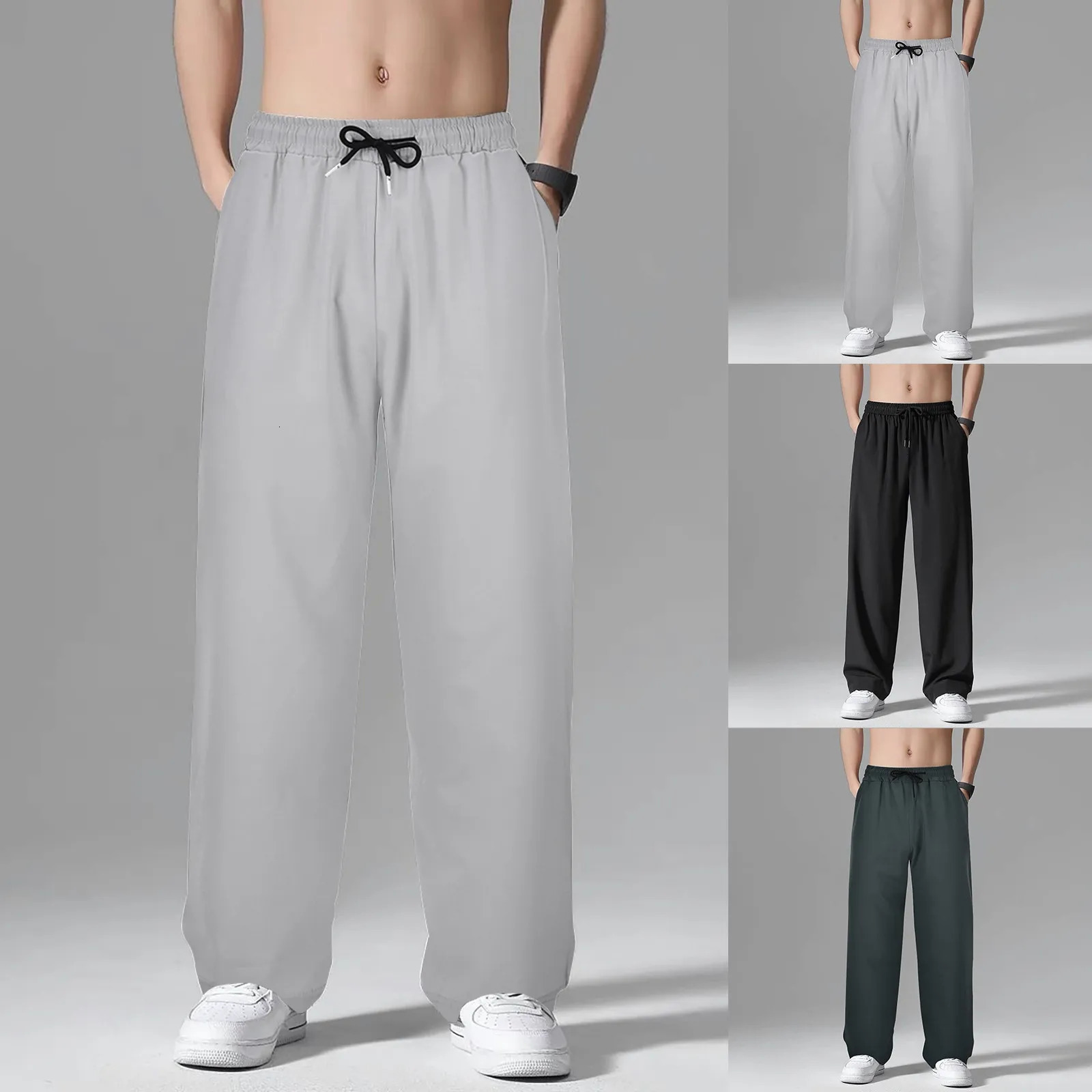 Ice Silk Men Joggers Sweatpants Y2k Streetwear Sportswear Jogging Gym Trousers Male Baggy Wide Leg Straight Pants 240806