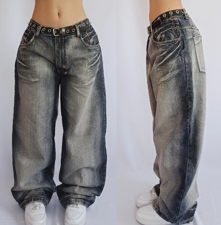 Stitching Pocket Jeans Ladies Y2K High Street Retro Loose Fashion Wide-leg Pants High Waist Casual Denim Pants Trousers 240807