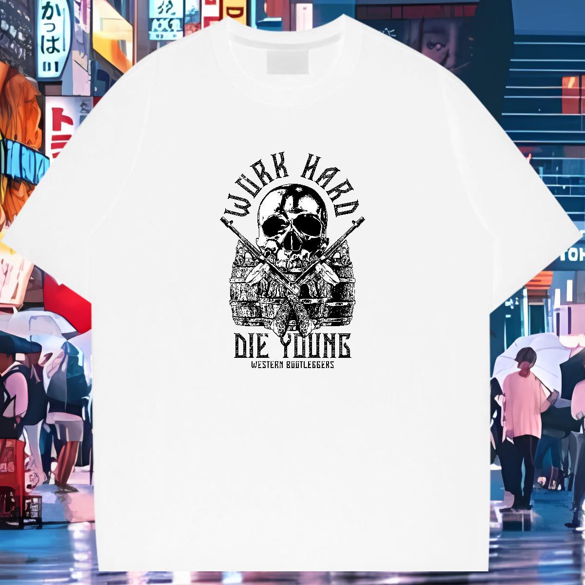 2024 Summer T-Shirts for Men skull Tees Shirts 230g Cotton Street Popular DIY Logo Oversized O-Neck Short Sleeve Men Tees