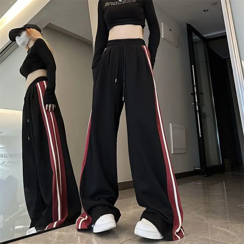 Summer High Street American Casual Pants Women Korean Version Loose Fitting Stripe Print Drawstring Patchwork Pockets Trousers 240807