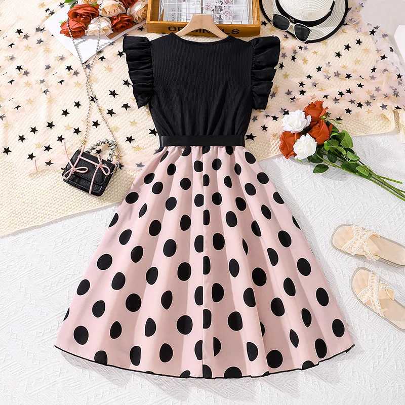 Childrens casual womens summer new style childrens fashion printed sleeveless black A-line elegant dress 7-14YW240720