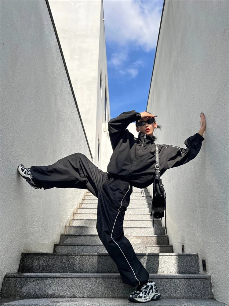 Vintage Black Pants Sets Women Y2K Streetwear Jacket Oversize Wide Leg Track Trousers Gorpcore Two Piece Set Tracksuit 240807