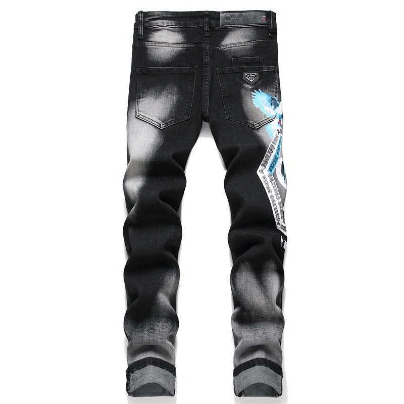Mens Black Jeans 2024 new Fashion Letter Print Mid-Waist Casual Pants Street Trend Stretch Casual Denim PantsM240803