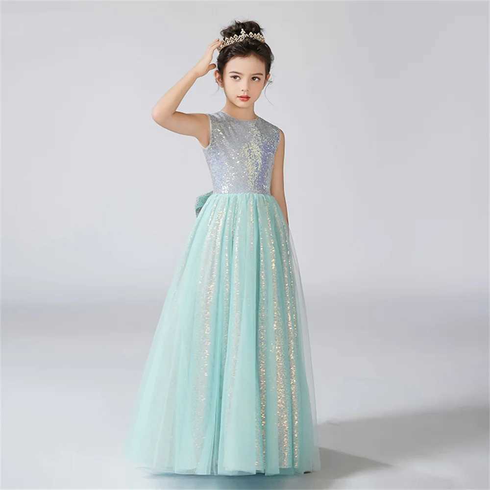 -neck Girl Dress Sparkling Flower Gaul Flower Girl Dress Sleeveless Childrens Birthday Formal Princess DressW240720