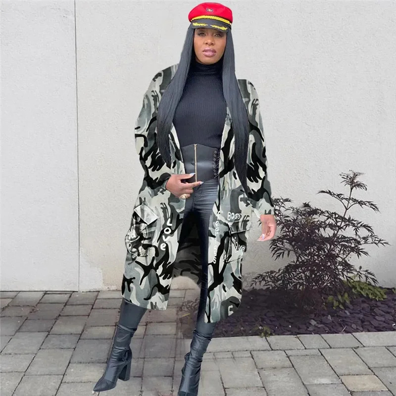 Camouflage Trench Jacket Women Plus Size Clothing Letter Print Coat Streetwear Long Style Crop Top Wholesale Drop 240807