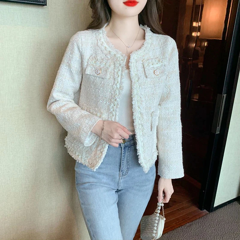 Hdspq Elegant Striped Cropped Jackets Women Autumn Long Sleeve Tweed Jacket Woman Korean Style O Neck Coats Outwear Ladies 240806