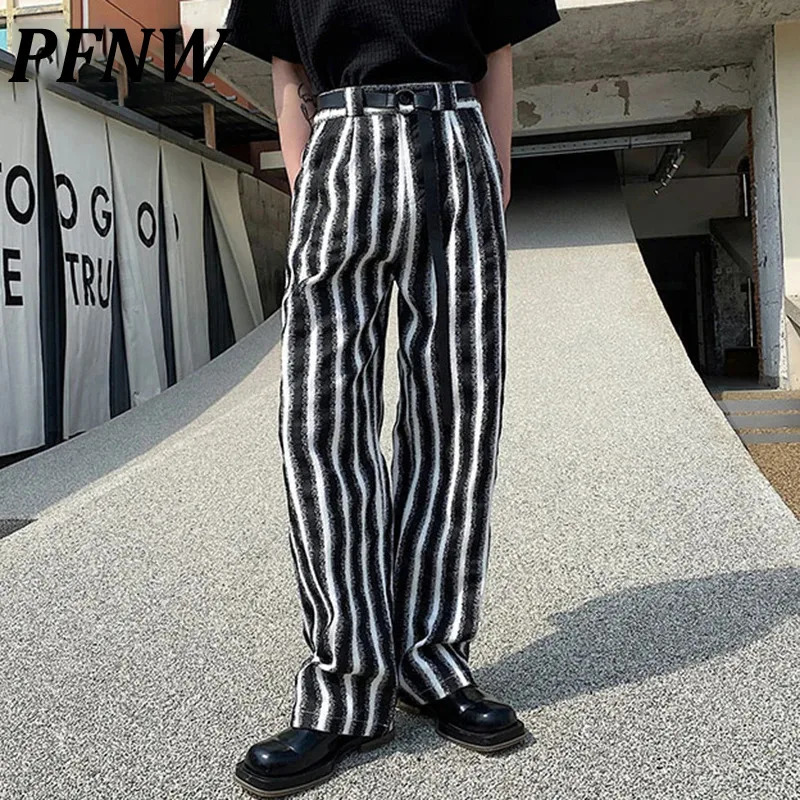 PFNW Chic Male Causal Trousers Belt Design Personality Washed Stripe Pockets Mens Wide Leg Pants Trend Spring 9C4001 240806
