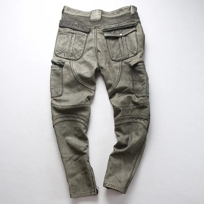 Mens Motorcycle Biker Genuine Leather Pants Real Cowhide Slim Pencil Design Men Cargo Trousers 240806