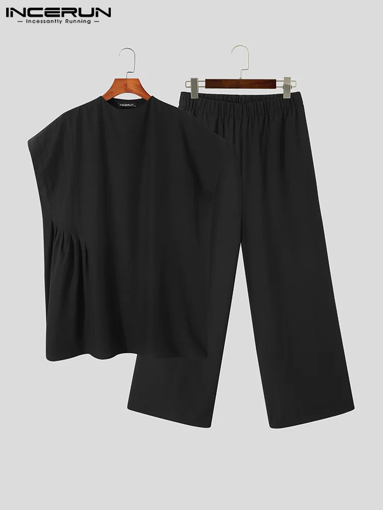 INCERUN Mens Muslim Clothing O-neck Short sleeved T-shirt and Wide Leg Pants Two Solid Bag Mens Casual Set 7240806