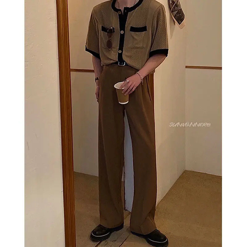 Retro solid color summer straight leg mens wide pants with fashionable pockets that fully match street casual loose fit Trousers 240812