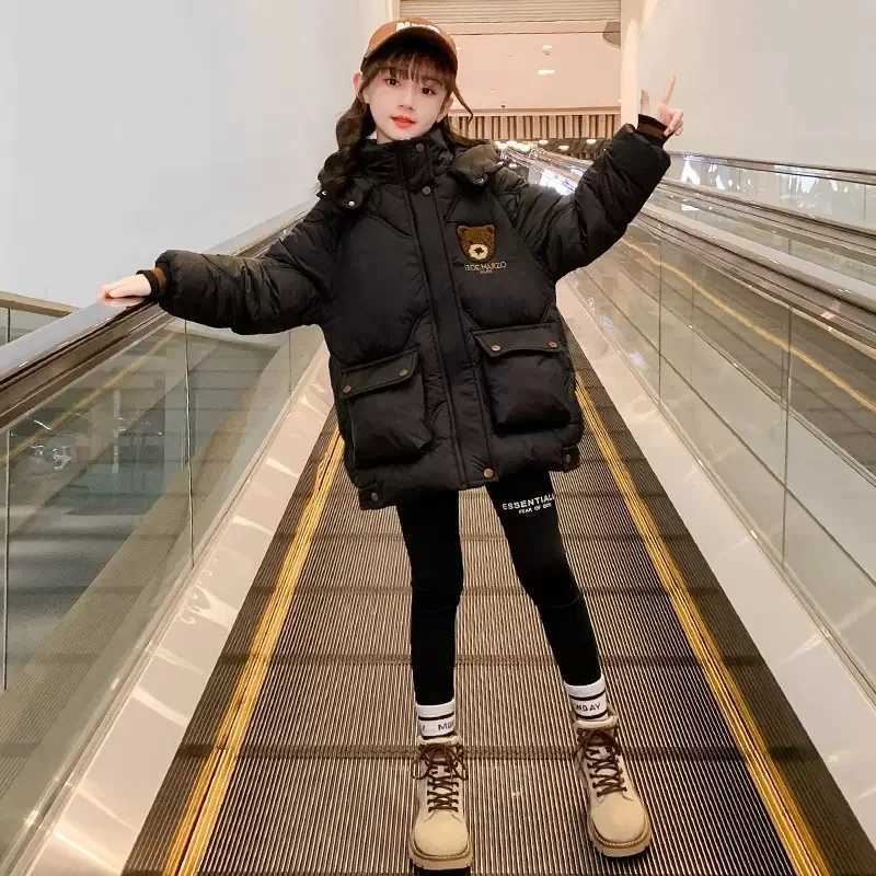2024 New Girl Down Jacket Cute Bear Autumn Warm Fashion Parka Jacket Hooded Zipper Girls Jacket 5-12 Childrens Clothing X2411151