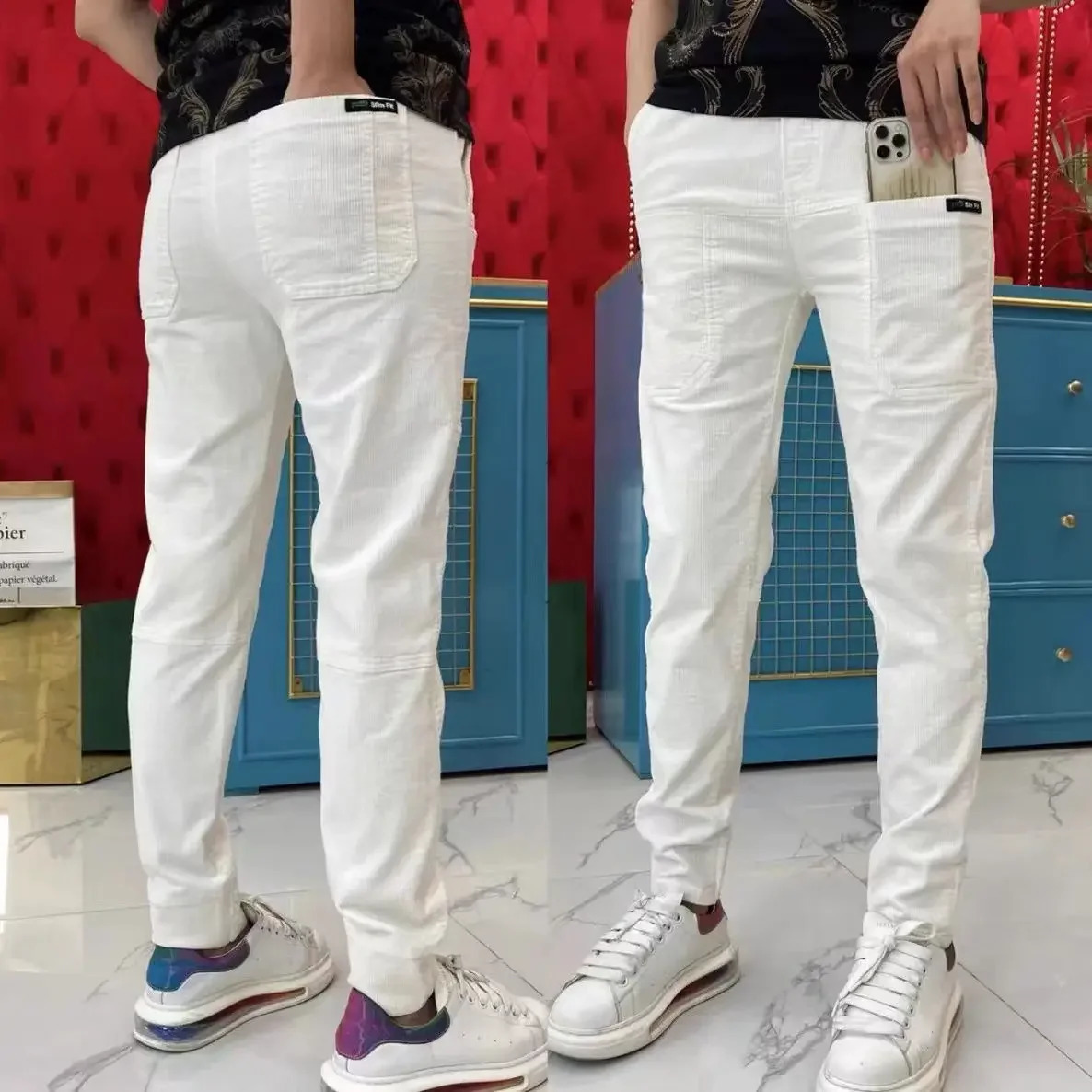 Corduroy Cargo Trousers Mens Simple Loose American Retro Casual Elastic Work Splicing Multiple Pockets Rib Leg Jogging Pants 240806
