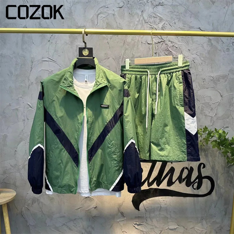 Summer Patchwork Stripe Sunscreen Sets Men Women Retro Varsity JacketSports Shorts Two Piece Set Streetwear Fashion Suits 240806