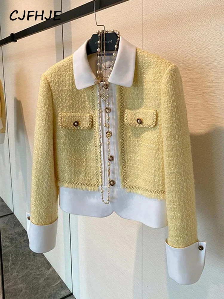 CJFHJE Yellow Tweed Jacket Coat Women Korean Fashion Sweet Woolen Short Coats Autumn Winter Vintage Elegant Lady Outwear Jackets 240806