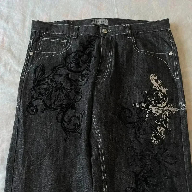 American Retro Jeans Y2K Large Pattern Denim Loose Gothic High Waist Wide Pants Street Clothing 240819