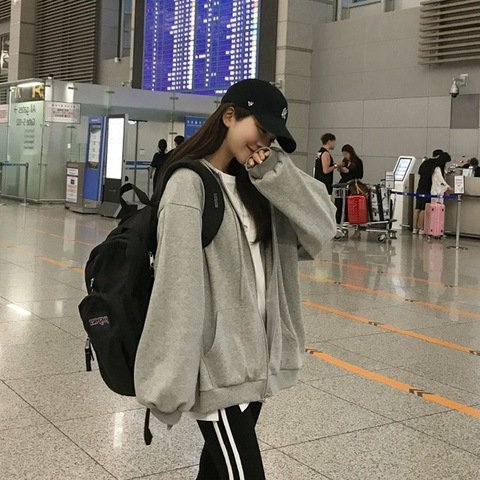Loose oversize Korean version thickened and plush loose casual long sleeved hoodie solid color oversized jacket