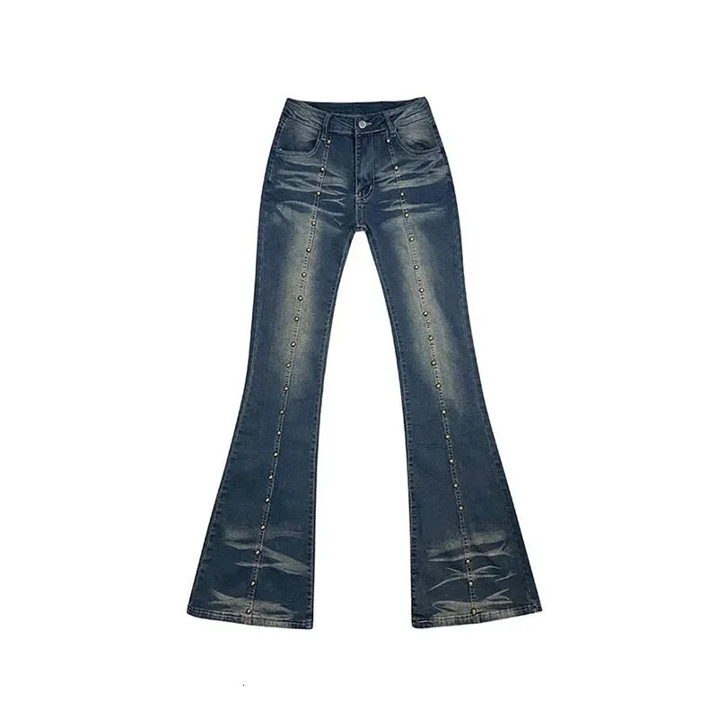Karrram Grunge High Waist Flared Jeans Vintage Stud Line Boot Cut Jeans Women Rivet Bell Bottom Denim Pants Korean Fashion Y2k 240807