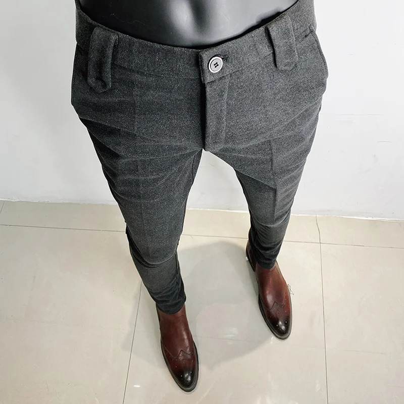 Autumn Winter Thickened Suit Pants Men Casual Slim Fit Straight Trousers Formal Business Woolen Cloth Social Office Dress 240806