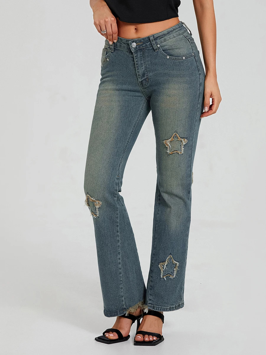 Women Flared Denim Pants Casual Star Pattern Bell Bottoms Jeans Bootcut Trousers Y2K Streetwear 240807