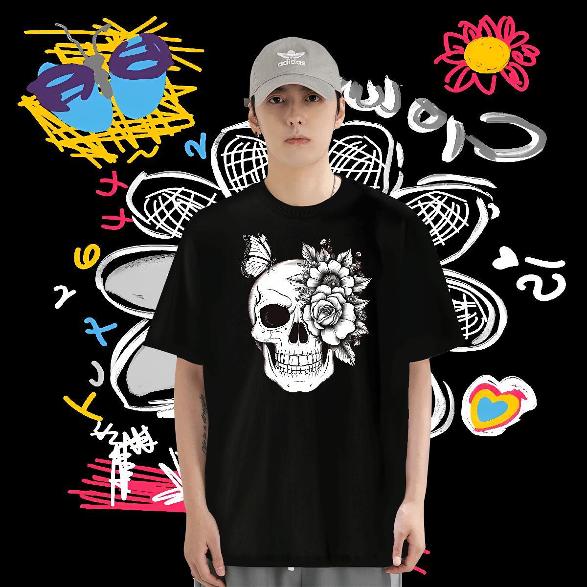 Classic Casual T-Shirts flower Tees 230g Pure Cotton Home Outdoor High Quality Custom Big Size Short Sleeve Soft Men Tees
