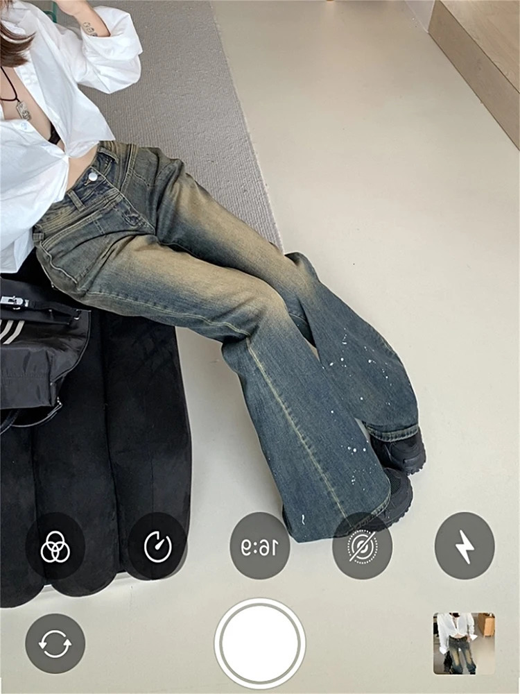 Fashion Blue Denim Flare Pants Women High Waist Slim Bell Bottoms Female Jeans Y2K Streetwear Gyaru Vintage American Retro 240807