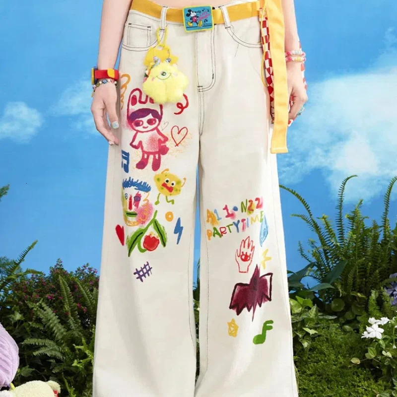 Kawaii Cartoon Young Style Sweet Summer Straight Jeans Women Printing Pockets Zipper Fashion Loose High Waist Wide Leg Trousers 240807