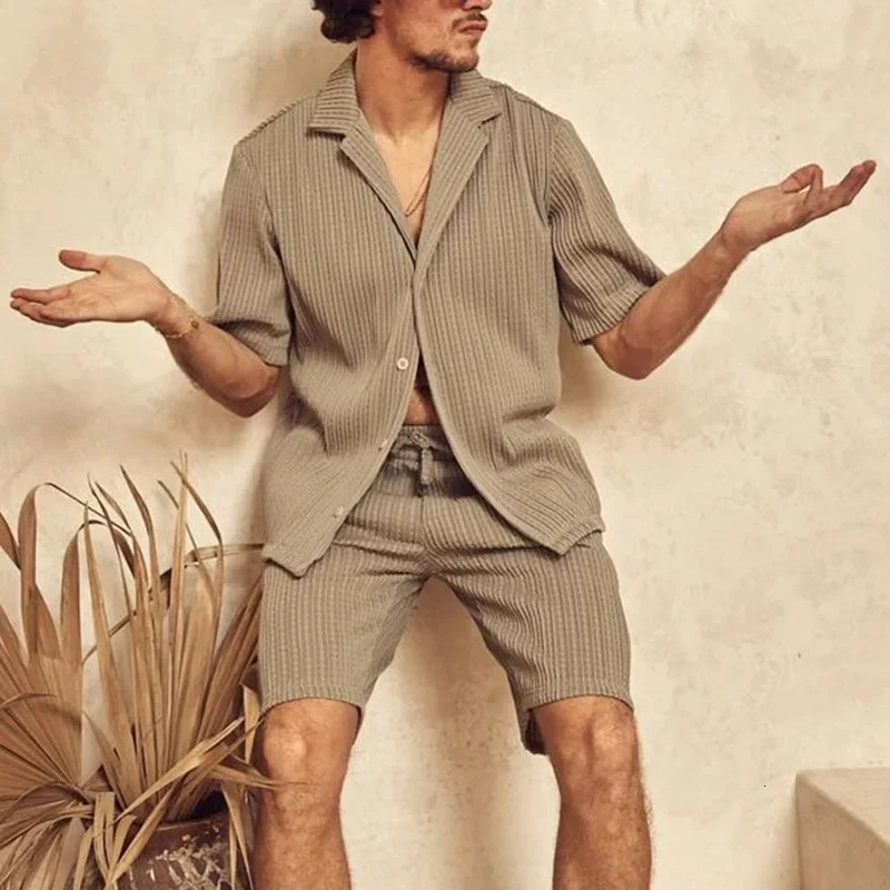Men Sets Summer Casual Short-sleeved Shirt Shorts Fashion Striped Suit Male Two-piece Set Tracksuit Ropa Para Hombre 240816