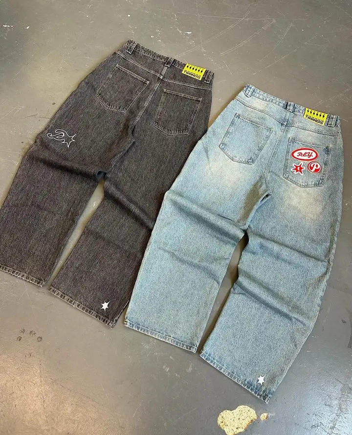 PROTECT Jeans Y2K Harajuku Hip Hop Graphic Oversized Retro Blue Baggy Jeans Mens Womens High Waist Wide Leg Trouser