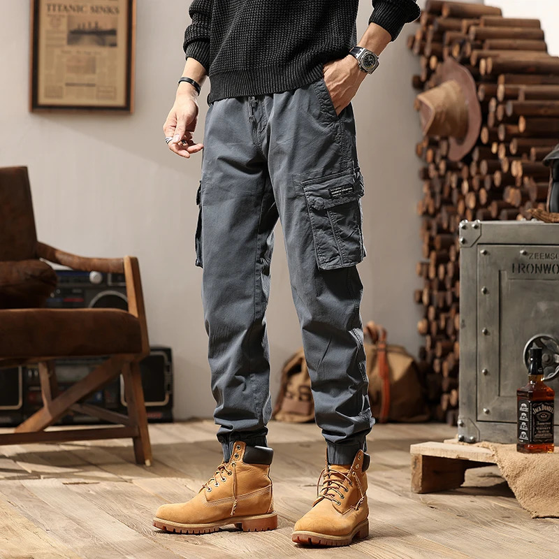 Spring and Autumn Mens Casual Fashion Work Pants Wear resistant Multi pocket Straight leg 240806