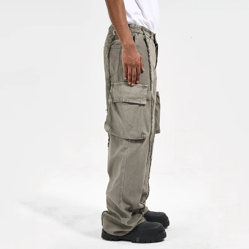 PFNW Functional Style Mens Pants Tassel Wornout Washed Straight Big Pockets Loose Wide Leg Male Cargo Bottom 12C612 240806