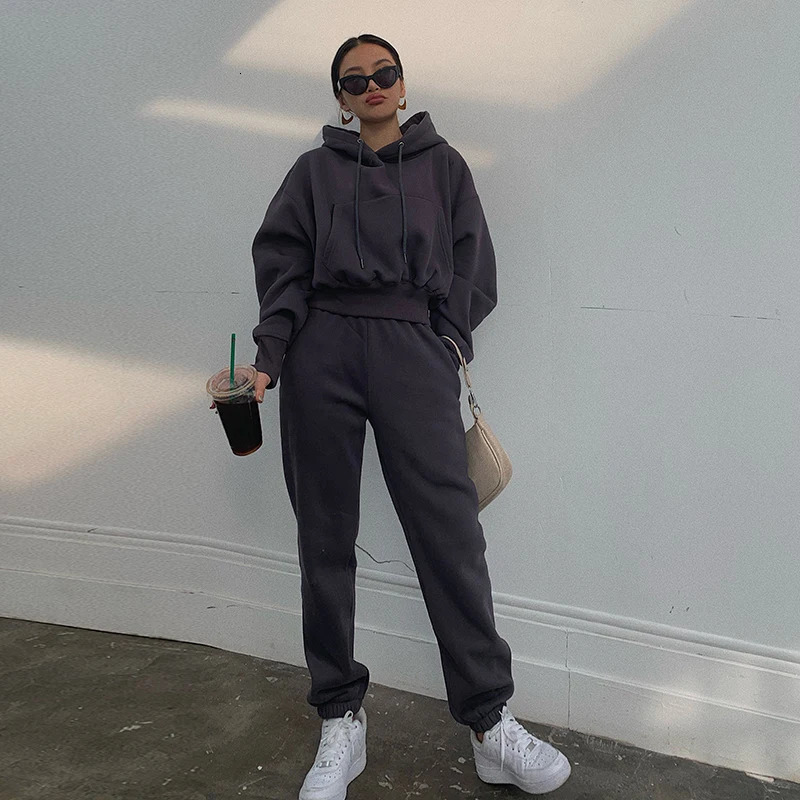 Wholesale Fall Winter Fleece Crop Hoodies and Pants 2 Piece Set Tracksuit Women Sports Outfits Two Piece Suit Mujer Solid Casual 240807