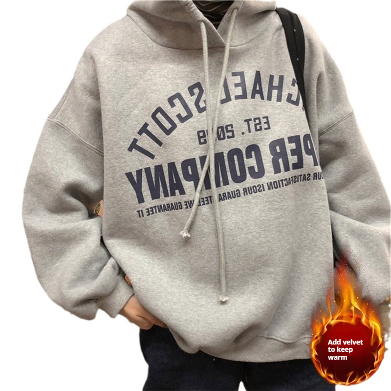 Velvet and Thick Hooded Sweater for Women Loose Korean Edition New Student Top Women's Wear