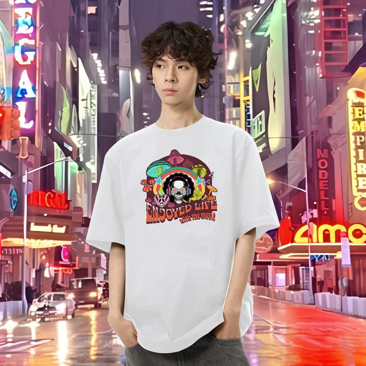 Classic T shirt skull Wear 230g 100% Cotton Daily Outfit Loose Fit Cartoon Printing L-4XL Breathable Crew Neck Couples T Shirts