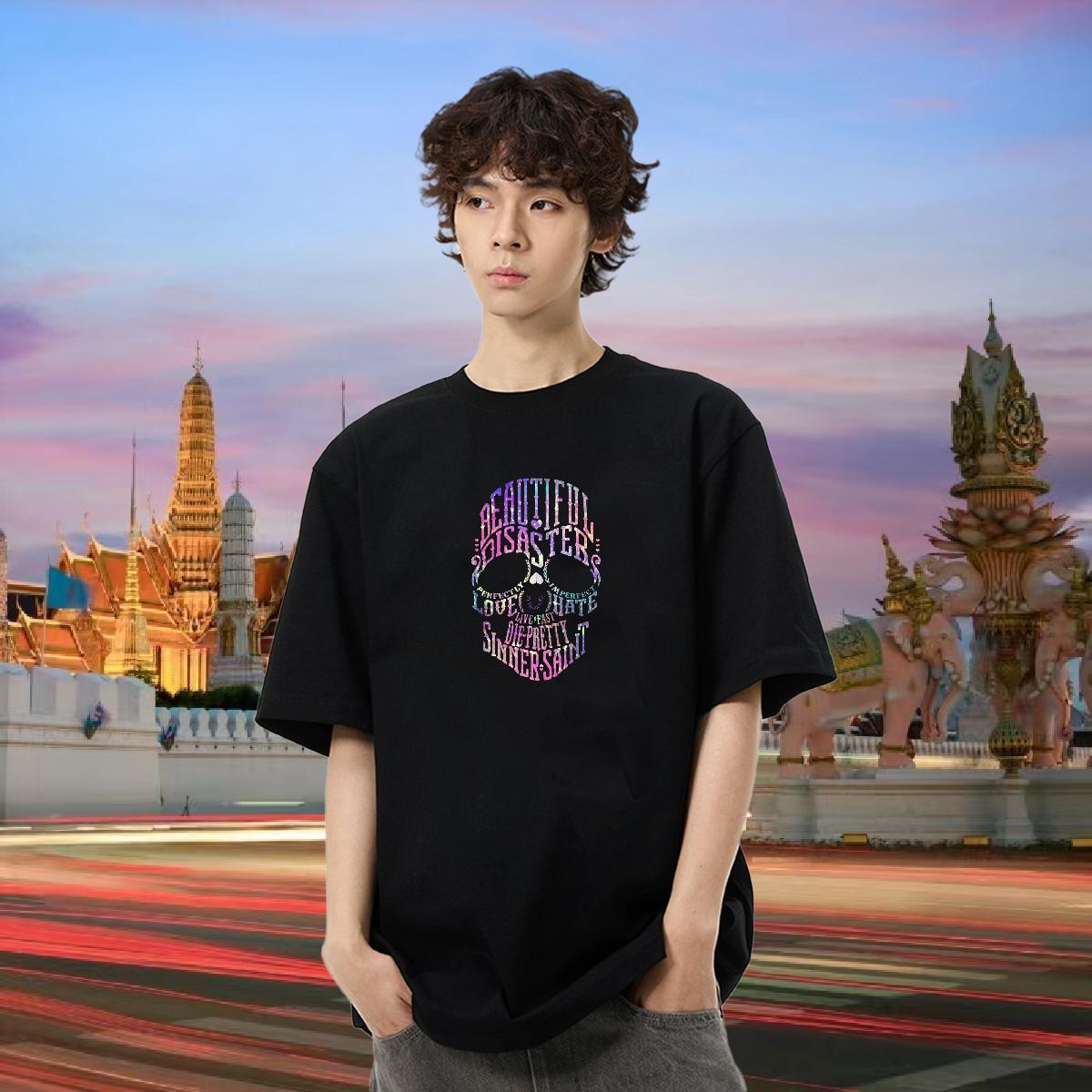 2024 DIY T shirt skull Wear 230g Pure Cotton Street Free Shipping Anime Round Neck Short Sleeve Men Clothes T-Shirt