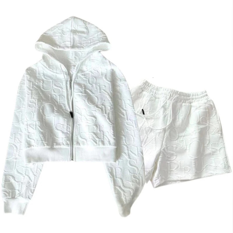 Letter Printing Sets For Women 2 Pieces Zipper Long Sleeve Hooded And Drawstring Shorts Tracksuits Womens Suit Outfit 240807
