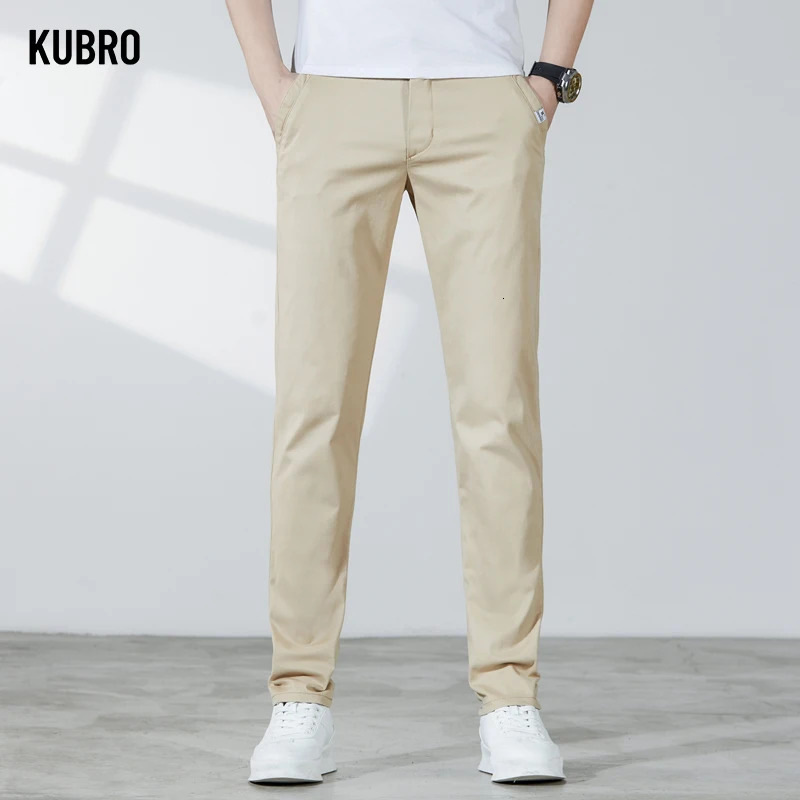 KUBRO Summer Thin Soft Cotton Solid Washed Trousers Harajuku Fashion Mens Slim Small Straight Office Business Casual Pants 240806
