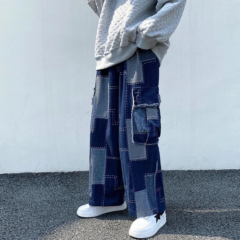 Korean fashion loose wide leg jeans mens hip-hop mens denim harem straight pants freight denim jeans street bag casual denim240806