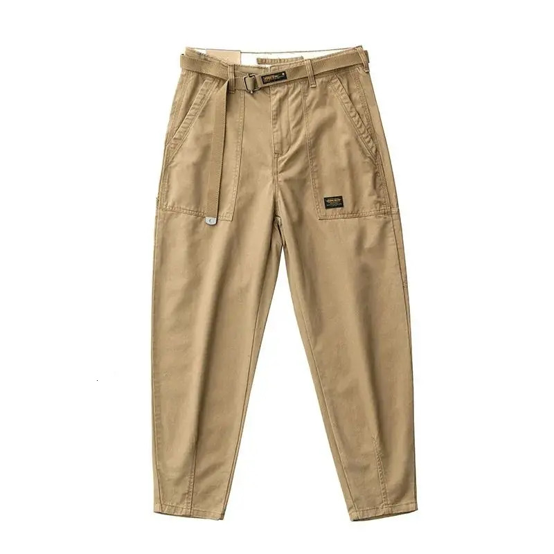 Mens Mid Waist Button Zipper Spring and Autumn Punk Cargo Loose Sashes Solid Color Patchwork Pocket Versatile Casual Pants 240806