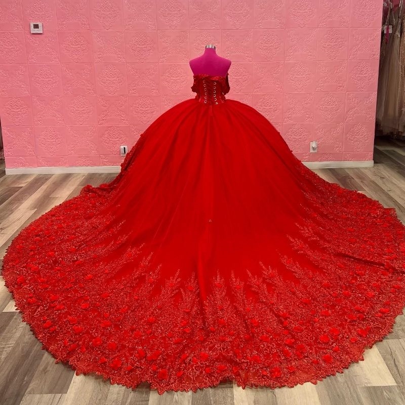 Red Sparkly Princess Off Shoulder Quinceanera Dresses Sweetheart Lace Applique wer Beads Crystal Sweet 16 Ball Gown Vestidos De 15 Anos