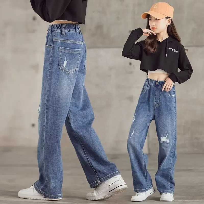 Jeans Girls Jeans Spring And Summer New Style Childrens Straight-leg Medium And Large Childrens Wide-leg Spring Loose Trousers