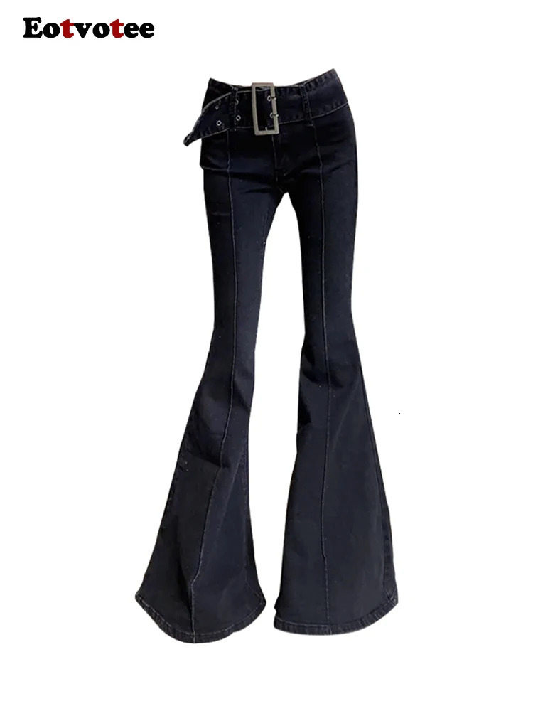 EOTVOTEE Korean Fashion Flare Low Waist Jeans Trousers Pattern Streetwear Casual Button Black Jeans Y2K Full Length 240807