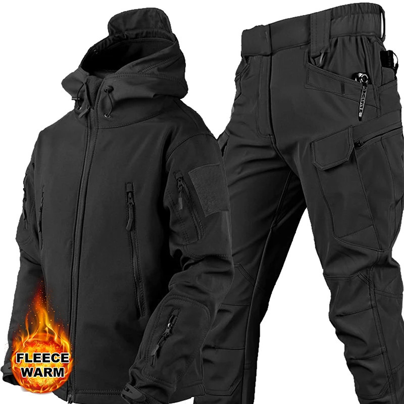 Autumn Winter Tracksuits Set Men Waterproof Jackets Fishing Hiking Camping Climbing Fleece Hooded Sets 240806
